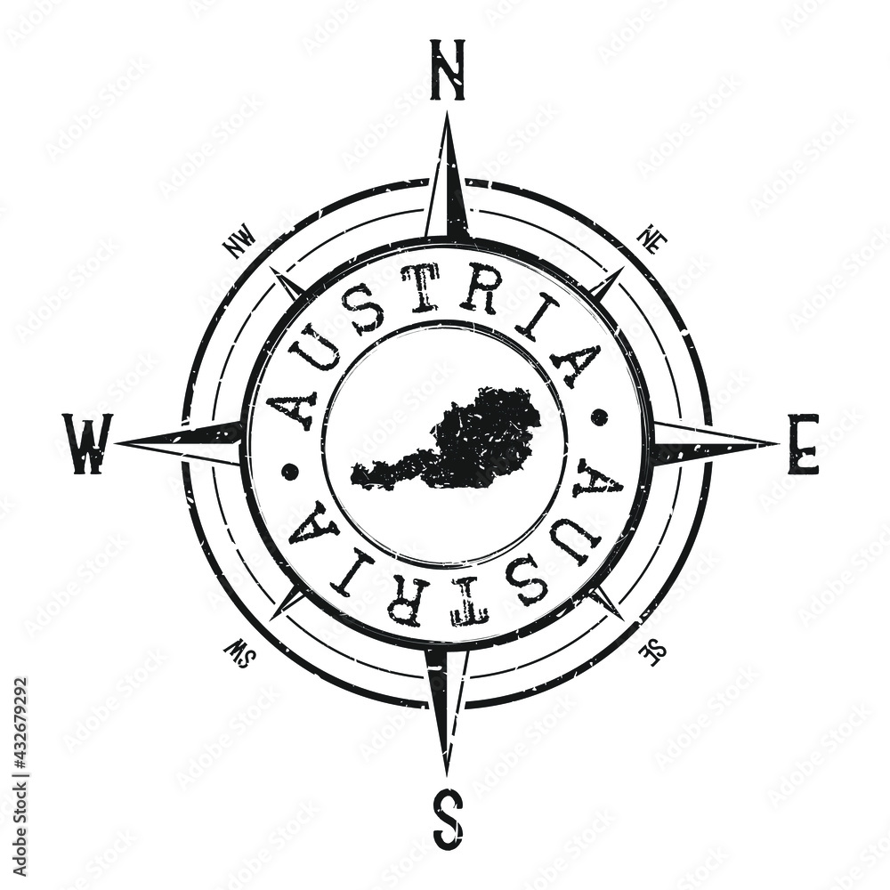 Austria Stamp Map Compass Adventure. Illustration Travel Country Symbol. Seal Expedition Wind Rose Icon.