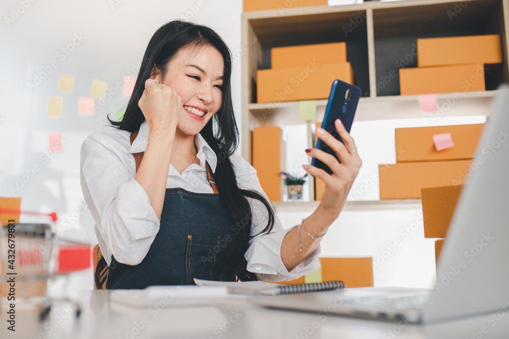 Portrait of Starting small businesses SME owners female entrepreneurs working, box and check online orders to prepare to pack the boxes, sell to customers, sme business ideas online.