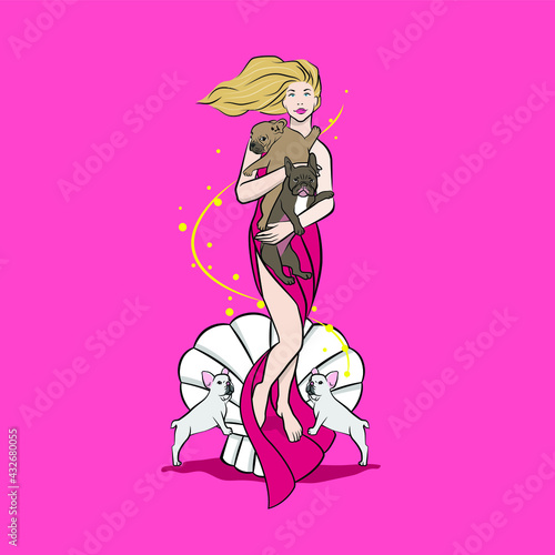 Illustration of aphrodite female blond modern girl holding frenchbulldog grey brown and white above white shell isolated with pink background. 