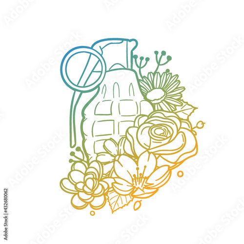 Grenade Rose Flower with Vintage Explosive Design. Danger Floral frame ornament vector style. Decoration Design Wreath illustration.