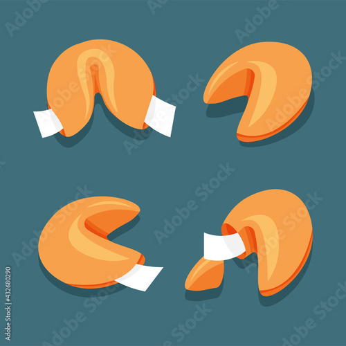 Open and closed Chinese fortune cookies in trendy flat style. Vector illustration isolated on dark background.	