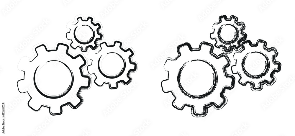 Cortoon ogwheels brain. Think big ideas. Gear mechanism settings tools template banner. Funny vector cog signs. Cogwheel strategy teamwork concept icons. 
Gears in Progress. Cogs wheels pictogram. 