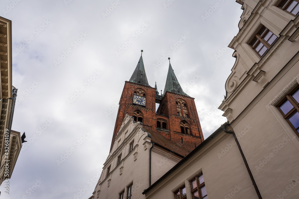 Spiers of St. Mary church. Hansestadt Stendal is a medieval town in Saxony-Anhalt state. Germany.
