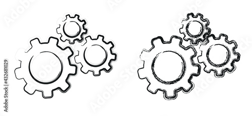 Cortoon ogwheels brain. Think big ideas. Gear mechanism settings tools template banner. Funny vector cog signs. Cogwheel strategy teamwork concept icons. 
Gears in Progress. Cogs wheels pictogram. 