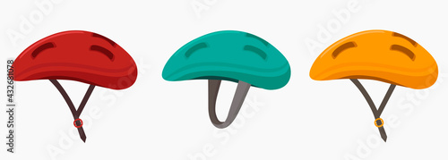 Set of bicycle helmet vector flat illustration. Icon isolated on a white background in three color variations.