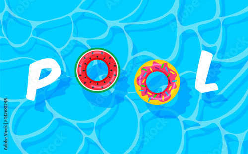 Pool party template banner. Swimming pool summer background with colorful lifebuoys. Float rings. Vector illustration in trendy style.