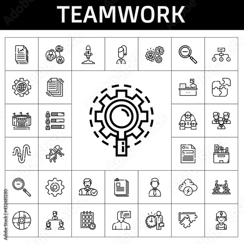 teamwork icon set. line icon style. teamwork related icons such as settings, agreement, brainstorm, hierarchical structure, team, employee, analysis, research, structure, clerk