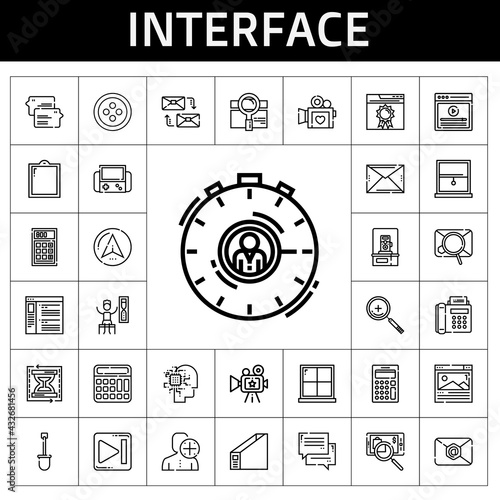 interface icon set. line icon style. interface related icons such as next, searching, shovel, navigator, video, mailing, photo camera, artificial intelligence, button, timer