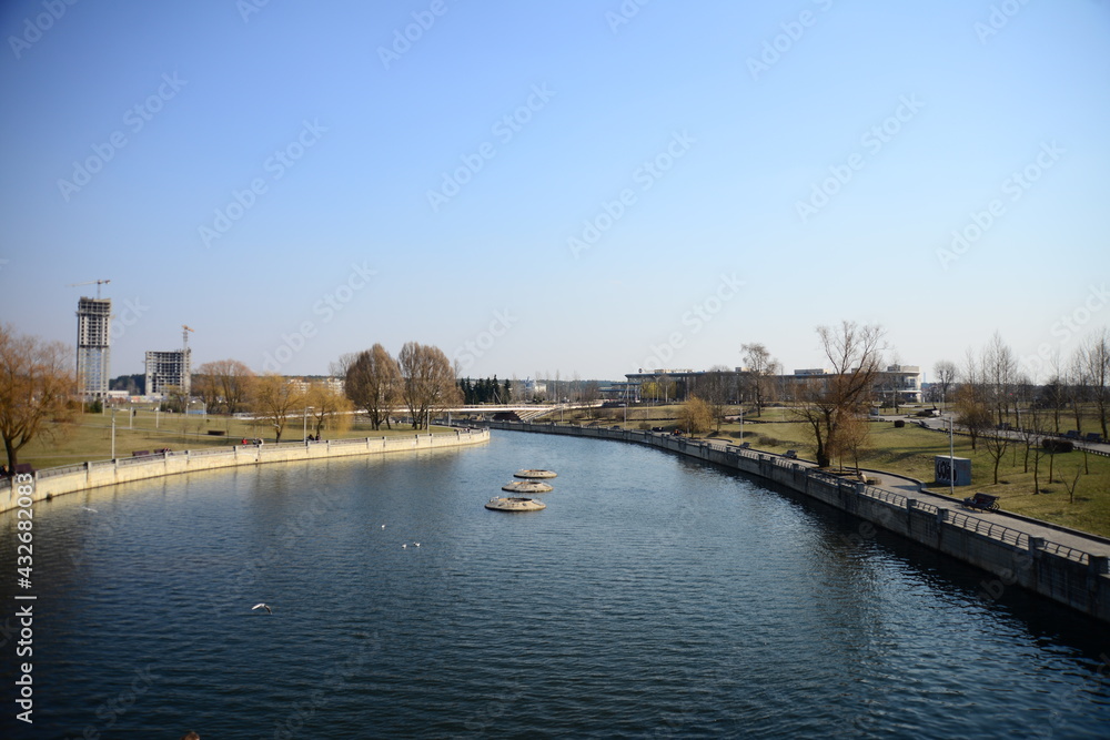 MINSK, BELARUS - APRIL 15, 2019: Beautiful view of the Writers Park and Independence Avenue from the observation deck of the National Library of Minsk