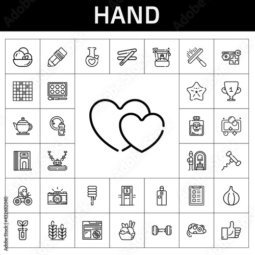 hand icon set. line icon style. hand related icons such as fig, ring, russian banya, photo camera, robot, mouse, ice cream, divider, tic tac toe, hearts, pen, window cleaner, stick
