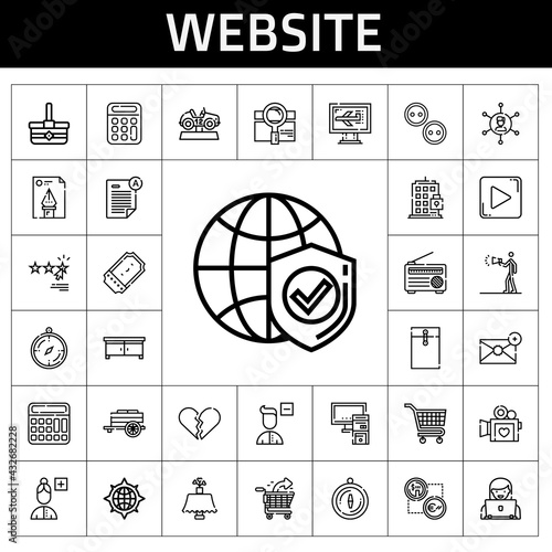 website icon set. line icon style. website related icons such as basket, rating, networking, advertising, building, cart, radio, play button, search, computer, file, car