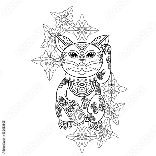 Hand drawn of lucky cat in zentangle style
