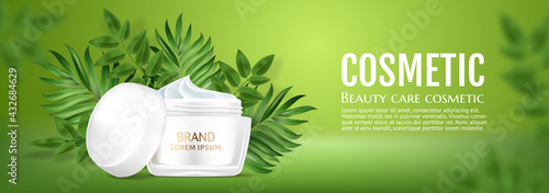 Cosmetics White cream moisturizer hydration Vector realistic Banner. Product packaging mockup. Detailed design. Exotic palm leaves green background. 3d template illustrations.