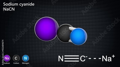 Sodium cyanide is an inorganic compound with the formula NaCN or CNNa. Its main application, in gold mining. 3D render. Seamless loop. Chemical structure model: Ball and Stick.