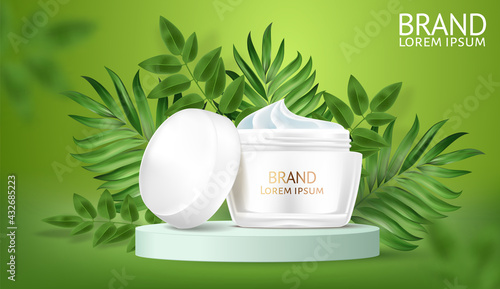 Cosmetics White cream moisturizer hydration Vector realistic. Product packaging mockup. Detailed design. Exotic palm leaves green background. 3d template illustrations.
