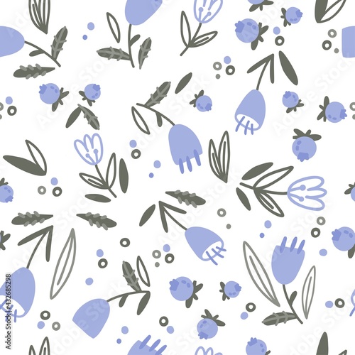 seamless pattern with doodle summer flowers, leaves and berries.vector hand drawn illustration. design for postcards, t-shirts, covers, fabrics.