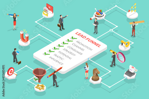 3D Isometric Flat Vector Conceptual Illustration of Lead Generation Marketing Strategy. Process of Conversion Rate Optimization and Generating Business Leads