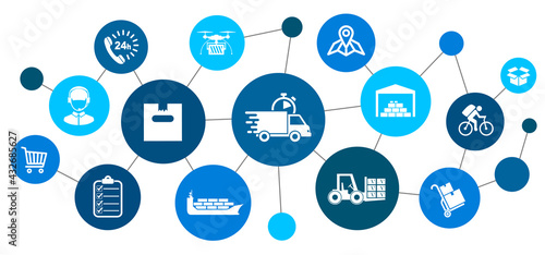 Delivery concept with connected logistics and supply chain set icons, import, export, warehouse management, international free trade, distribution and shipping signs – stock vector