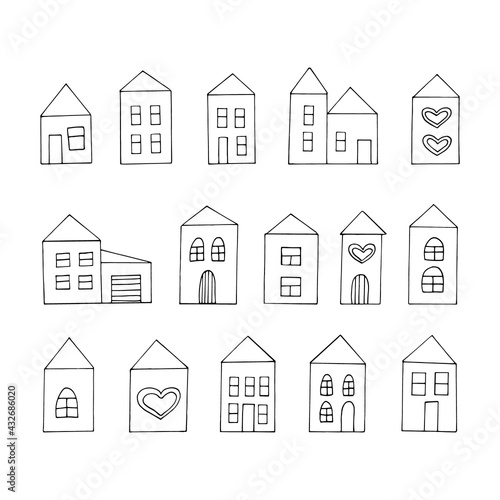 house doodle style decor set icon. hand drawn, nordic, scandinavian. vector, minimalism, monochrome. sticker, poster, card. building. heart love