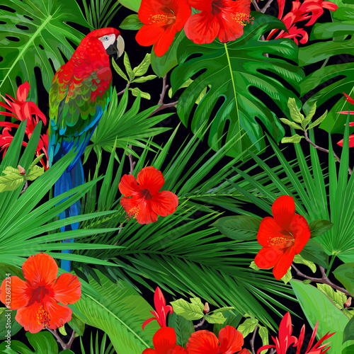 Tropical seamless pattern with red flowers