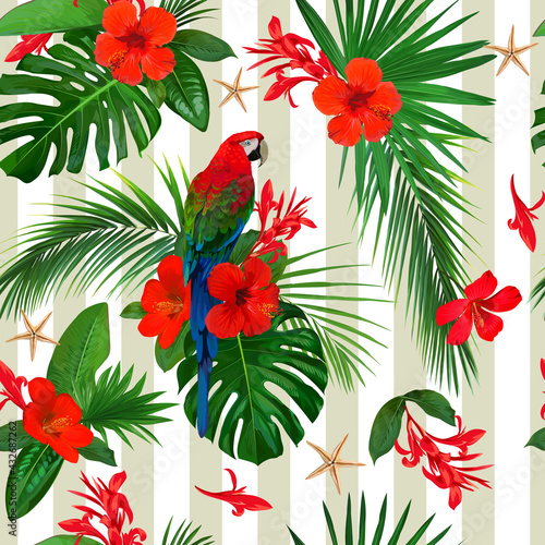 Tropical seamless pattern with red flowers