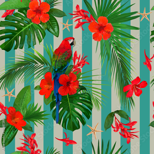 Tropical seamless pattern with red flowers