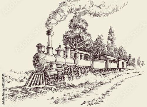 Old steam train on railways landscape hand drawing