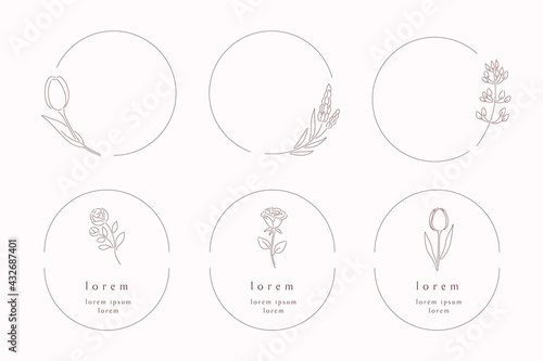 草花の丸いシンプルな飾り枠　ロゴ