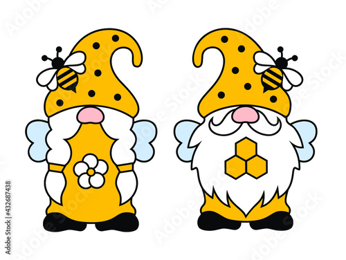 Bee gnomes couple. Funny boy and girl honey bees with honeycombs, wings and flowers. Cute vector illustration. Summer scandinavian characters in cartoon style. Kids print.