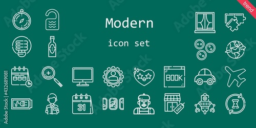 modern icon set. line icon style. modern related icons such as plane, calendar, settings, light bulb, zoom in, buttons, artist, stores, reading, battery, windows, heart, room, products, robot