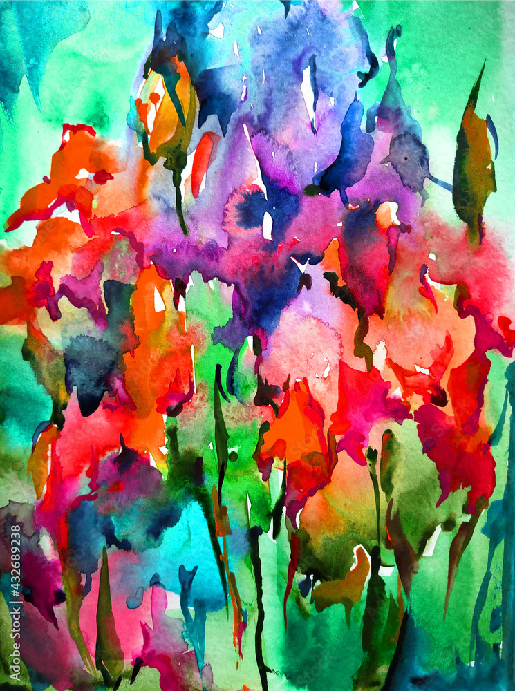 Abstract bright colored decorative background . Floral pattern handmade . Beautiful tender romantic bouquet of iris flowers , made in the technique of watercolors from nature.