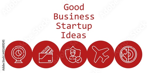 good business startup ideas background concept with good business startup ideas icons. Icons related insurance, plane, wallet, webcam, earth