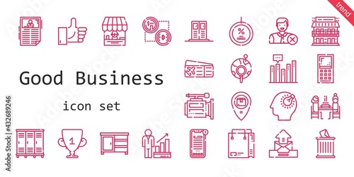 good business icon set. line icon style. good business related icons such as news, profits, shop, plane ticket, like, bulb, video camera, drawer, discount, global, lockers