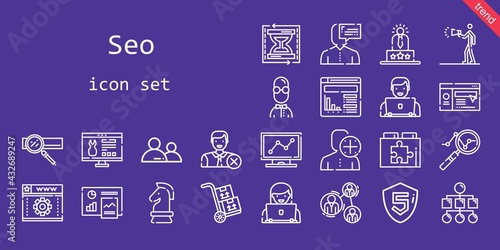 seo icon set. line icon style. seo related icons such as website, search engine, advertising, analysis, user experience, packs, analytics, web plugin, web development, html, strategy, load time