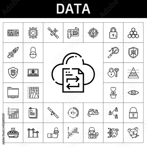 data icon set. line icon style. data related icons such as news, file transfer, ftp, rising, news reporter, cpu, industry, pyramid chart, padlock, pie, network, analytics