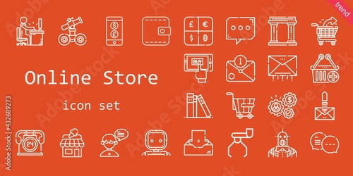 online store icon set. line icon style. online store related icons such as shop, wallet, e commerce, trolley, robot, mobile shopping, library, museum, chat, 24 hours, desk