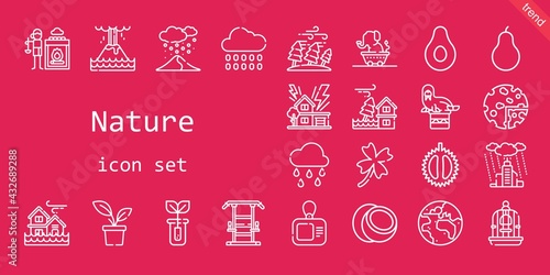 nature icon set. line icon style. nature related icons such as gym station, banana, rain, storm, sprout, hot stones, clover, raining, bird cage, hurricane, snowing, chestnut, flood, products