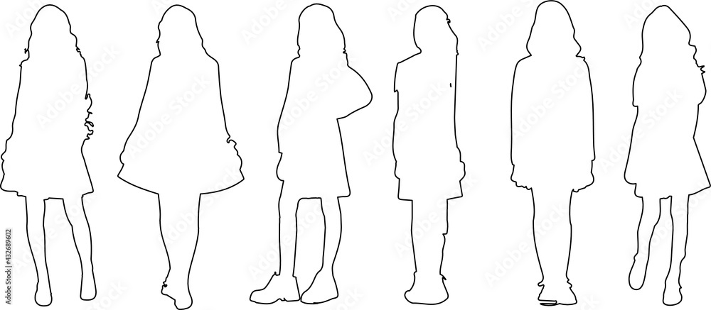 Set of little girls standing and wearing dress, in various poses, cartoon character, people, business, group, vector silhouette, flat design icon, silhouette black color, isolated on white background Set of little girls standing and wearing dress, in various poses, cartoon character, people, business, group, vector silhouette, flat design icon, silhouette black color, isolated on white background