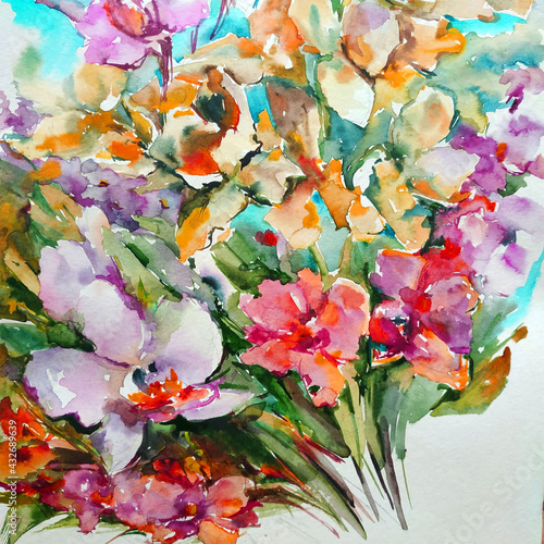 Abstract bright colored decorative background . Floral pattern handmade . Beautiful tender romantic bouquet of orchid flowers , made in the technique of watercolors from nature.