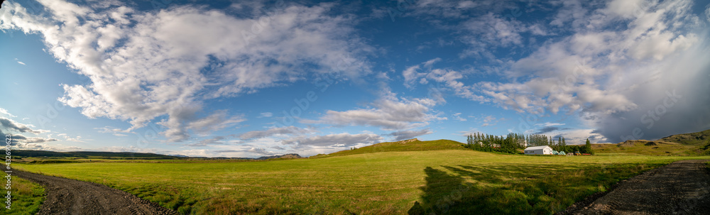 Panorama of a green landscape in Iceland