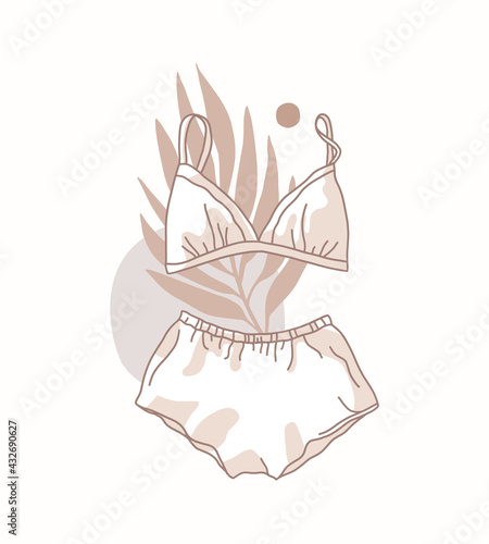 Stylish vector illustration in boho style, terracotta colors. Drawn lingerie. Bra, shorts, silk pajama. Elegant line drawing and abstract shapes, tropical plant branch. Print, sticker design, artwork.