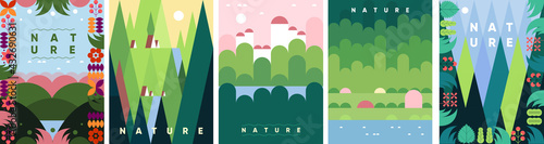 Nature. A set of vector illustrations. Summer landscape. Background geometric pattern for a banner, poster, or flyer.