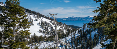 Scenic view of Lake Tahoe, in the Sierra Nevada Mountains in California, from the Alpine Meadows Ski Resort. 