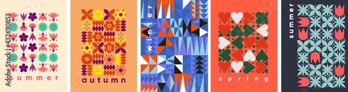 Geometric abstraction. Seasons. Summer, winter, autumn, spring. A set of vector illustrations.  Background pattern for a poster, banner, or flyer.