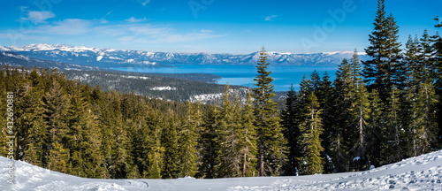 Panoramic view of the Sierra Nevada Mountains of California with Lake Tahoe in the background, from the (Olympic) Valley Ski Resort, between Truckee and Tahoe City.