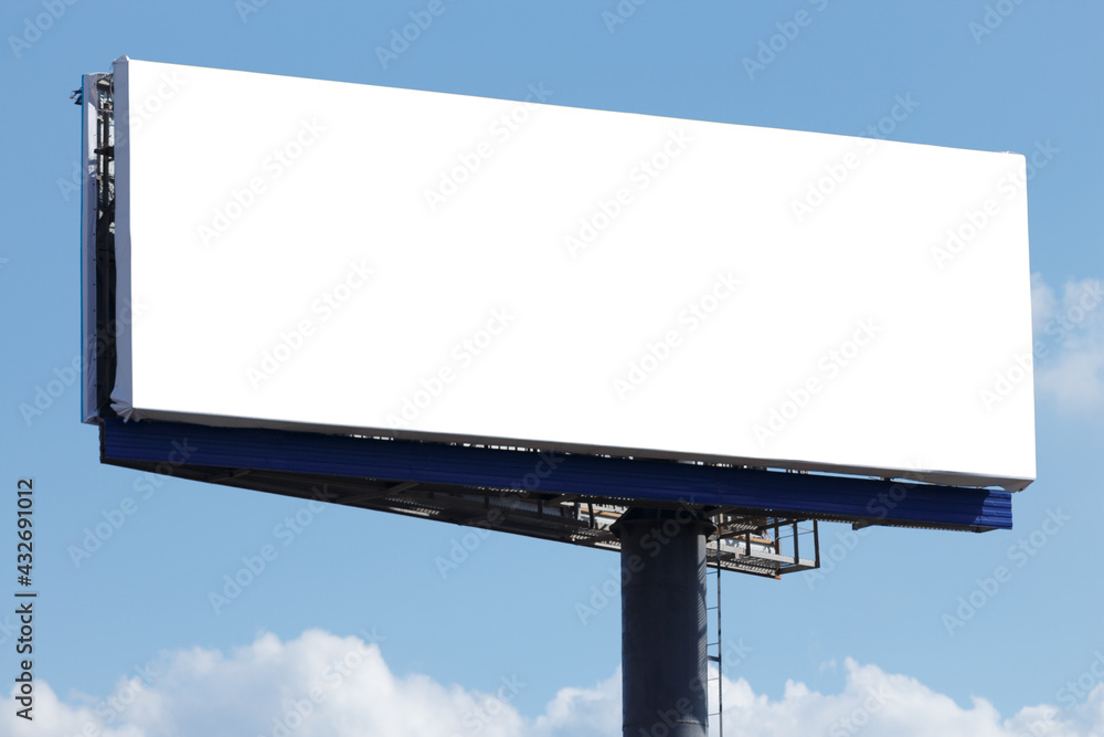 Horizontal billboard against a blue sky on a thick round stand. Mock up. Horizontal billboard against a blue sky on a thick round stand. Mock up.