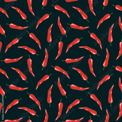 Red chili seamless pattern on dark background. Pepper print. Gouache cayenne hand drawn painting.