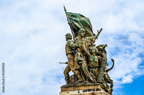 Bronze outdoor statue of warriors in front of Altar of the Fatherland monument in Venetia square in in Rome, Italy