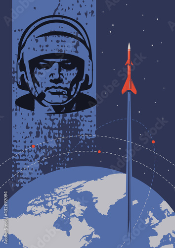 Space Propaganda Poster, Old Soviet Space Placards Stylization, Astronaut, Space Rocket and Earth 