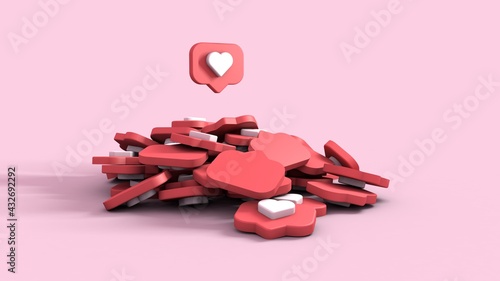 3d rendering illustration of a social media profile example with heart, save and like symbols and icons and a character cartoon style inside